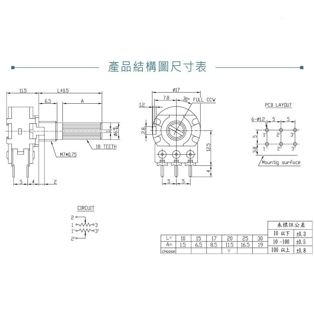 『聯騰．堃喬』軸長 20mm 雙聯B型 16M/M 金屬軸 碳膜 B型 插板式 雙聯 可變電阻 電位器 電位計-細節圖4