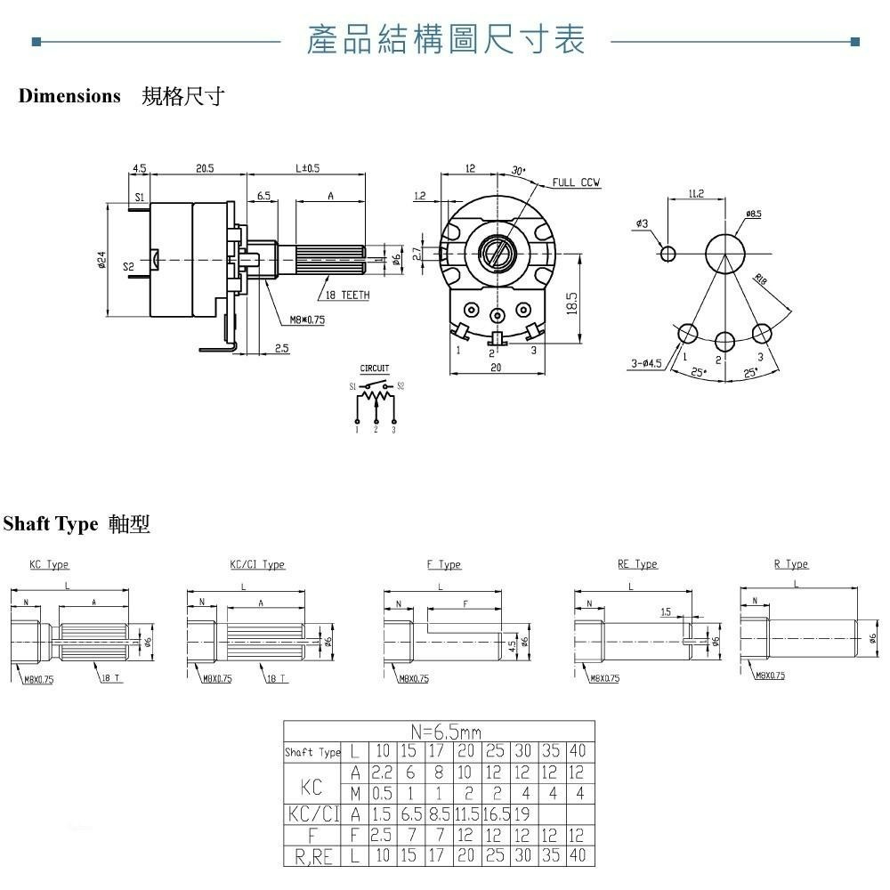 聯騰．24M/M 帶開關 金屬軸 碳膜 B型 焊線式 單聯 軸長 20MM 可變電阻 電位器 電位計 多種阻值-細節圖4