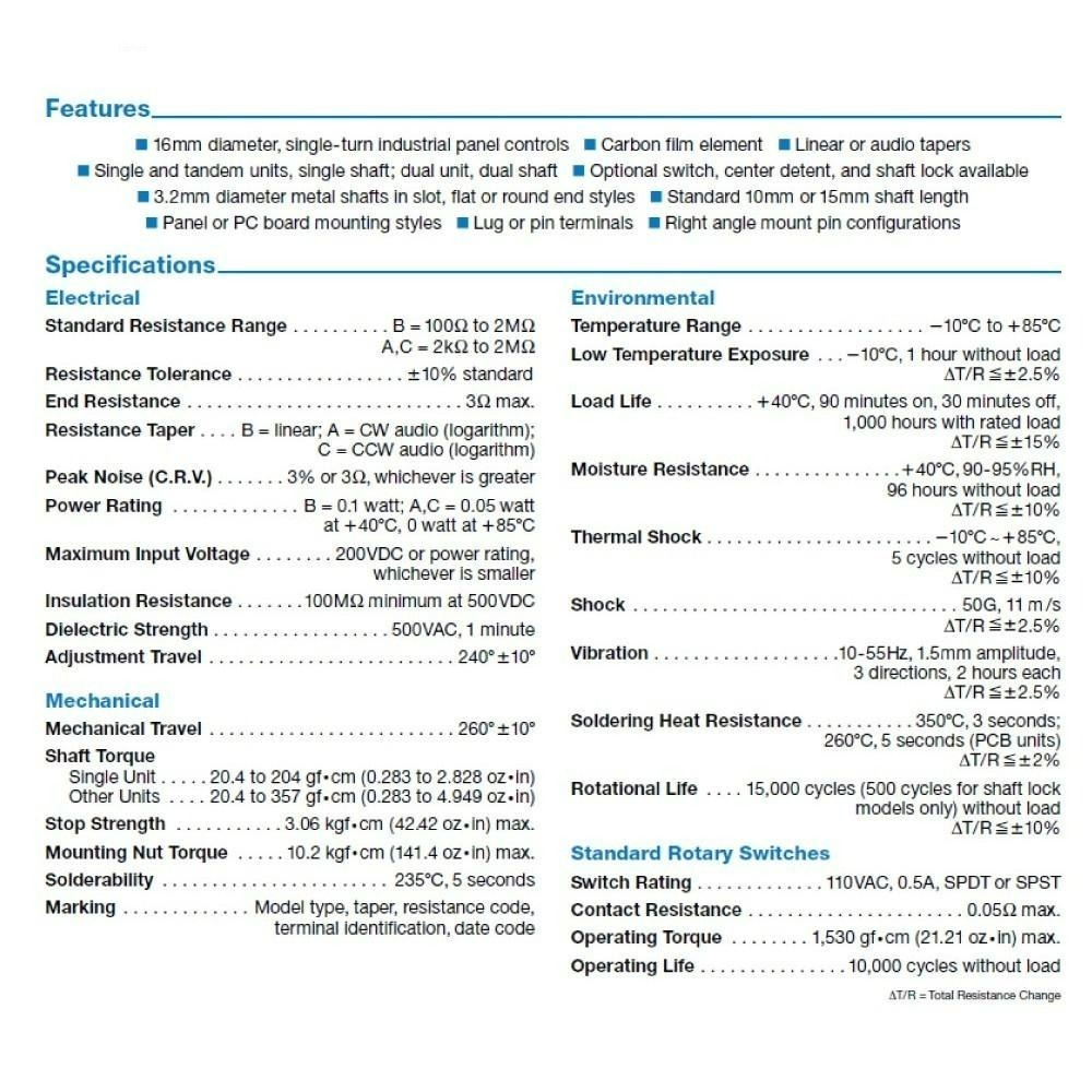 聯騰．TOCOS碳膜電位器10KΩ｜16MM單轉B型｜焊線式｜軸長15MM｜RV16YN15SB103-細節圖3