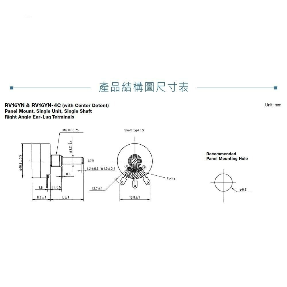 聯騰．TOCOS碳膜電位器10KΩ｜16MM單轉B型｜焊線式｜軸長15MM｜RV16YN15SB103-細節圖4