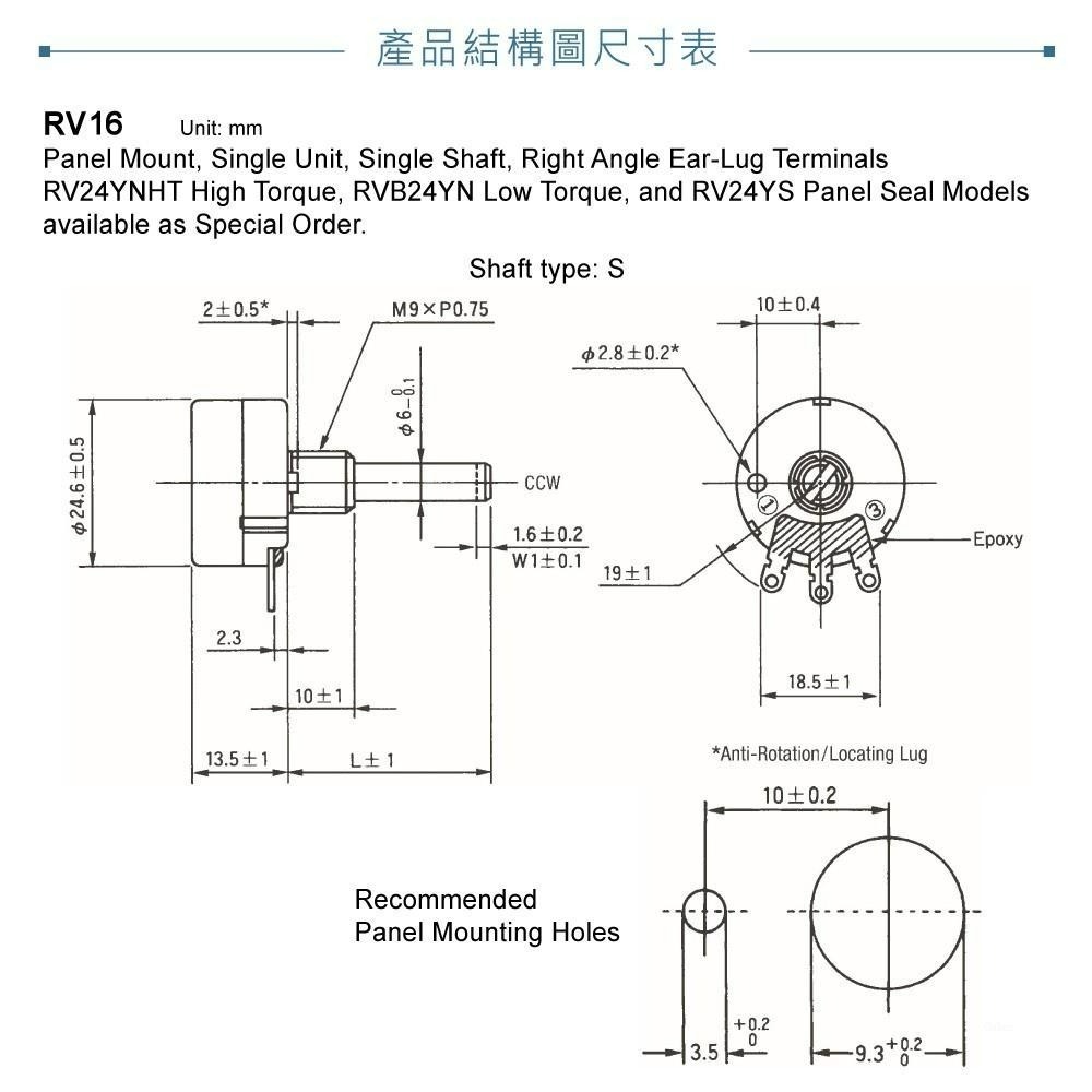 聯騰．24M/M TOCOS 精密 碳膜 B型 焊線式 單轉 可變電阻 電位器 電位計 軸長20MM-細節圖4