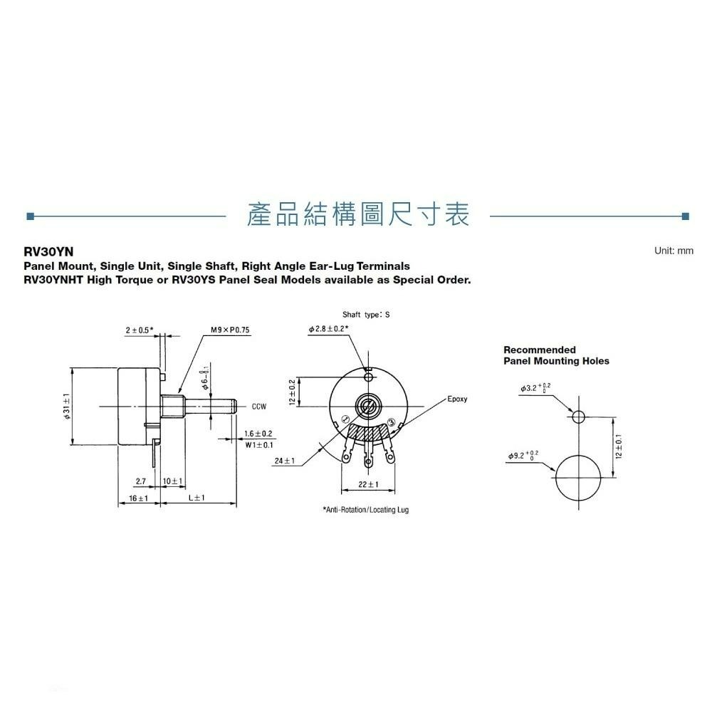 『聯騰．堃喬』30M/M TOCOS 精密 碳膜 B型 焊線式 單轉 可變電阻 電位器 電位計 軸長20MM-細節圖4