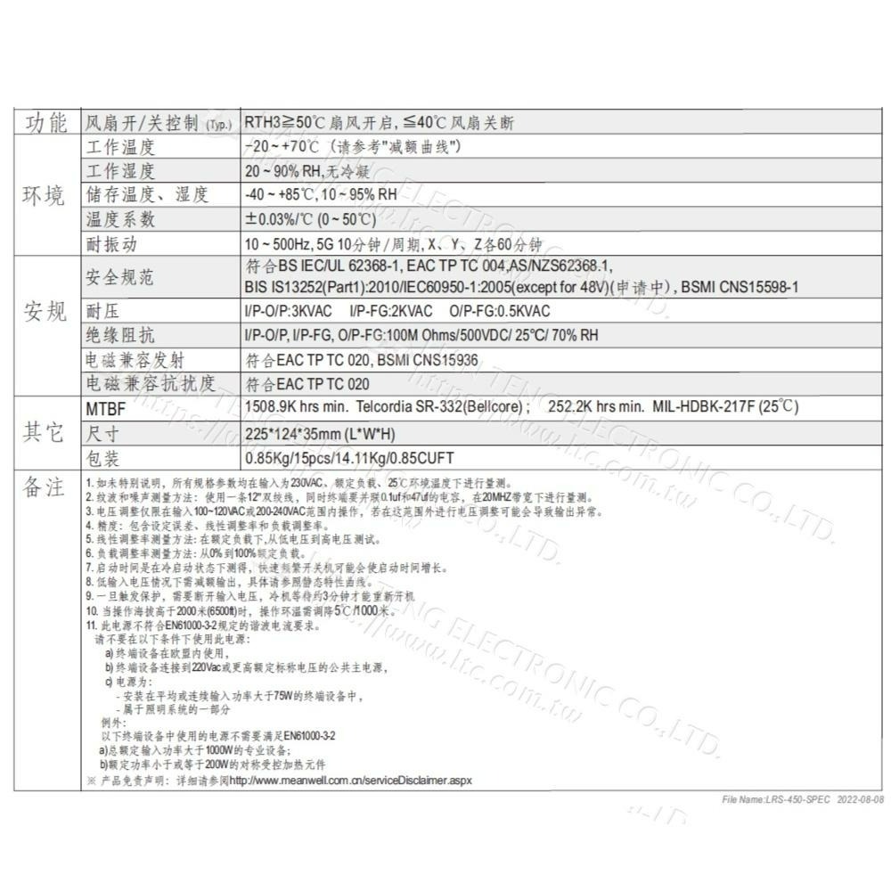 聯騰．MW 明緯 LRS-450 系列 多規格賣場 單組輸出 電源供應器 變壓器 電源 保固-細節圖4