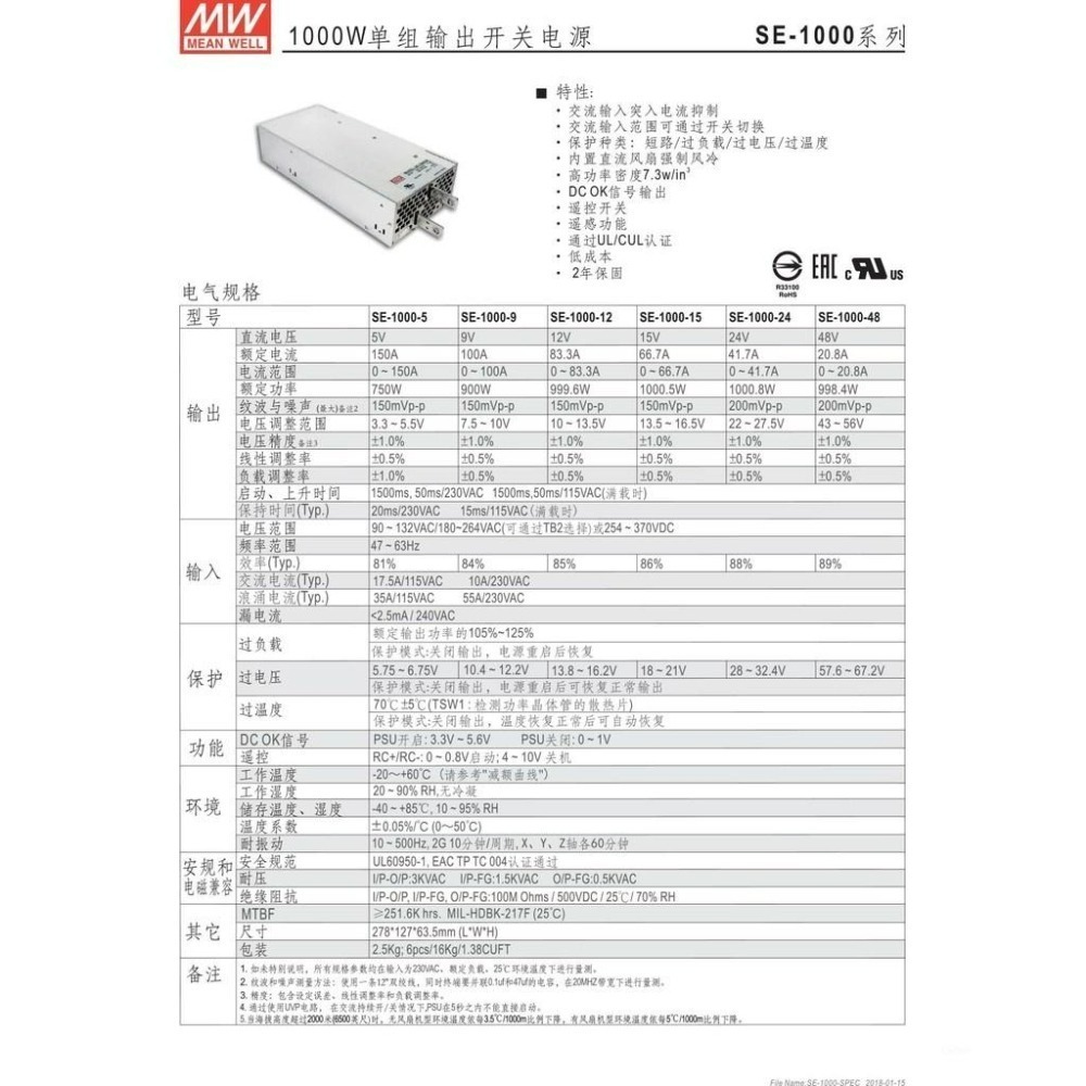 聯騰．MW 明緯 SE-1000 系列 單組輸出電源供應器 1000W 中高功率-細節圖2