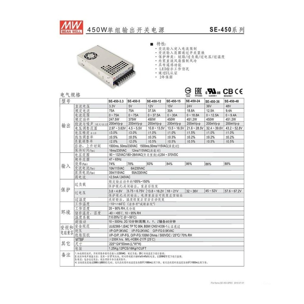『聯騰．堃喬』MW 明緯 SE-450 系列 單組輸出 電源供應器 450W 3.3/5/12/15/24/36/48V-細節圖2