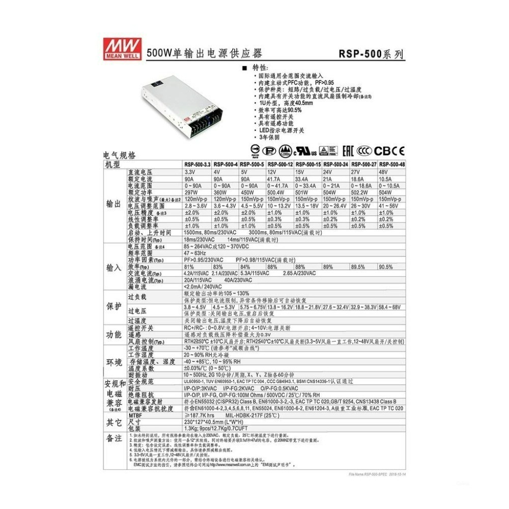 聯騰．MW 明緯 RSP-500-3.3/4/5/12/15/24/27/48 單組輸出 PFC功能 電源供應器-細節圖2