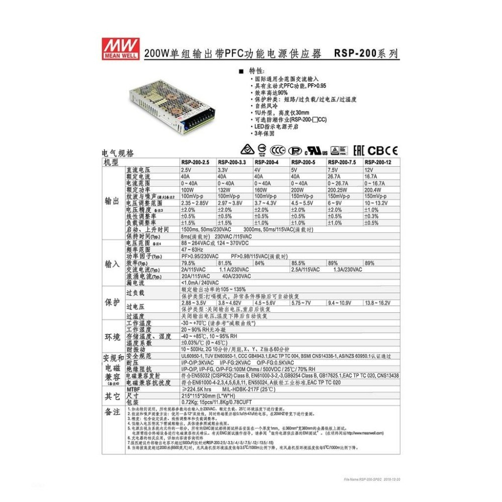 『聯騰．堃喬』明緯 RSP-200 系列 多規格賣場 電源供應器 單組輸出 RSP-200-12 RSP-200-24-細節圖2