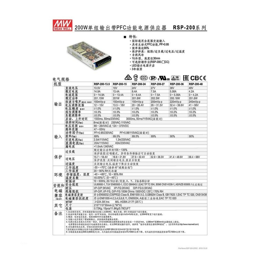 『聯騰．堃喬』明緯 RSP-200 系列 多規格賣場 電源供應器 單組輸出 RSP-200-12 RSP-200-24-細節圖3