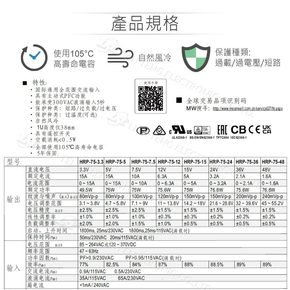聯騰．MW明緯 HRP-75-3.3/5/7.5/12/15/24/36/48  單組輸出 電源供應器 PFC-細節圖2