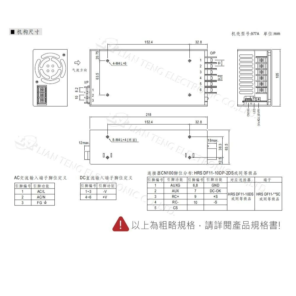 聯騰．MW明緯 HRPG-600-3.3/5/7.5/12/15/24/36/48 單組 PFC 電源 供應器-細節圖4