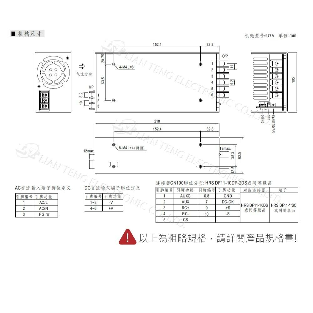 聯騰．MW明緯 HRPG-600-3.3/5/7.5/12/15/24/36/48 單組 PFC 電源 供應器-細節圖4