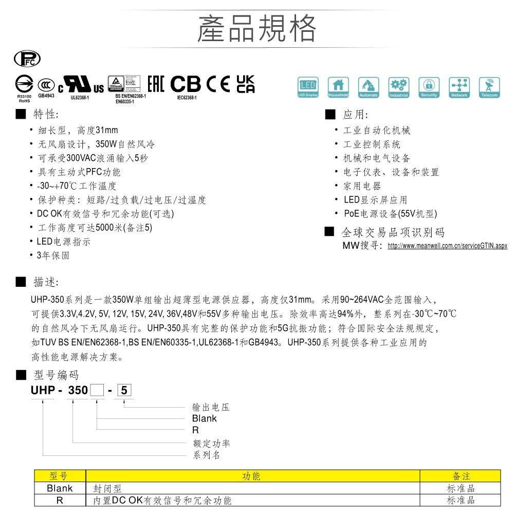 『聯騰．堃喬』MW明緯 UHP-350-12/15/24/36/48/55 200W PFC 顯示屏 螢幕 電源供應器-細節圖4