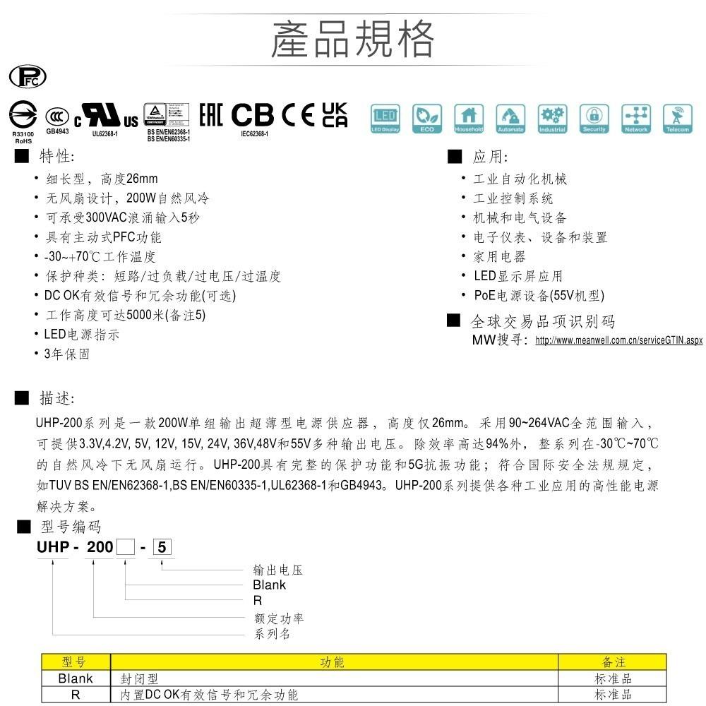 聯騰．MW明緯 UHP-200-12/15/24/36/48/55 200W PFC 顯示屏 螢幕 電源供應器-細節圖4