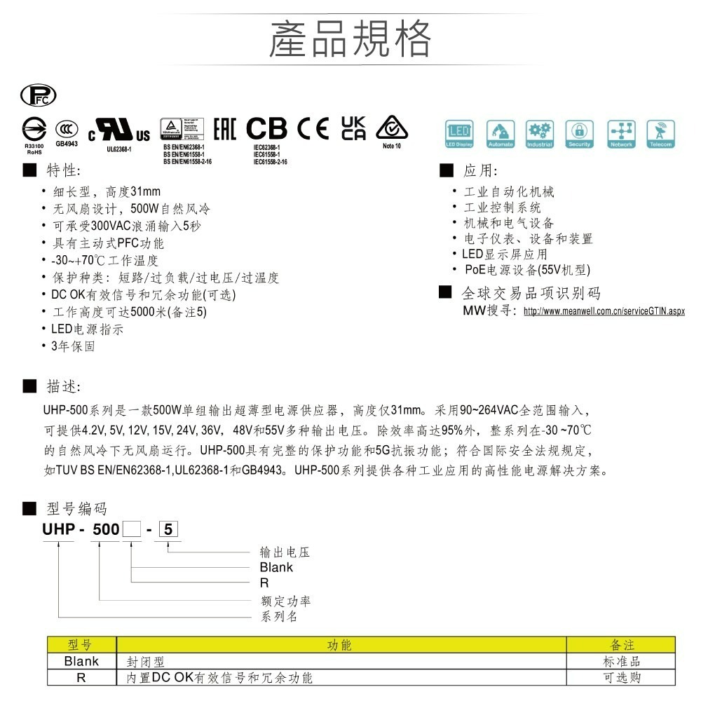 聯騰．MW明緯 UHP-500R-12/15/24/36/48/55 200W PFC 顯示屏 螢幕 電源供應器-細節圖4