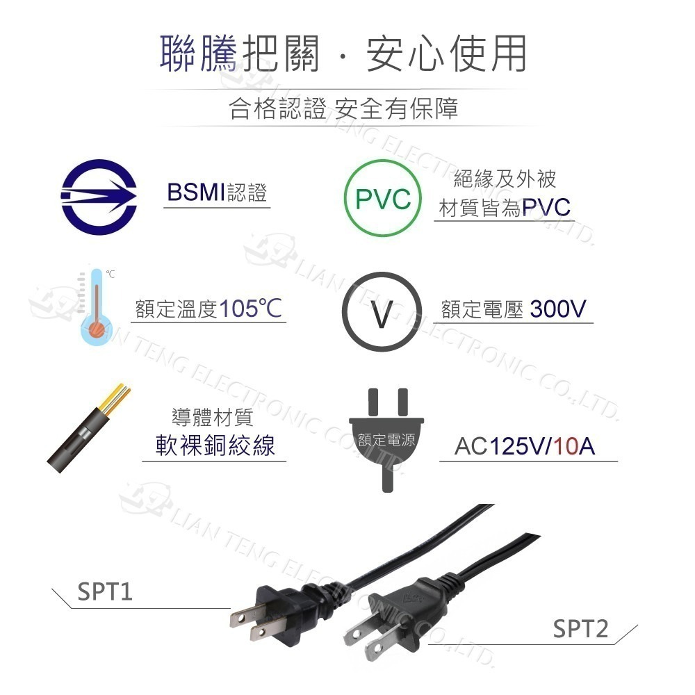 聯騰．SPT-2 AC電源線 單頭 UL認證 有極性 18AWG 6/9尺 耐溫105°C-細節圖2