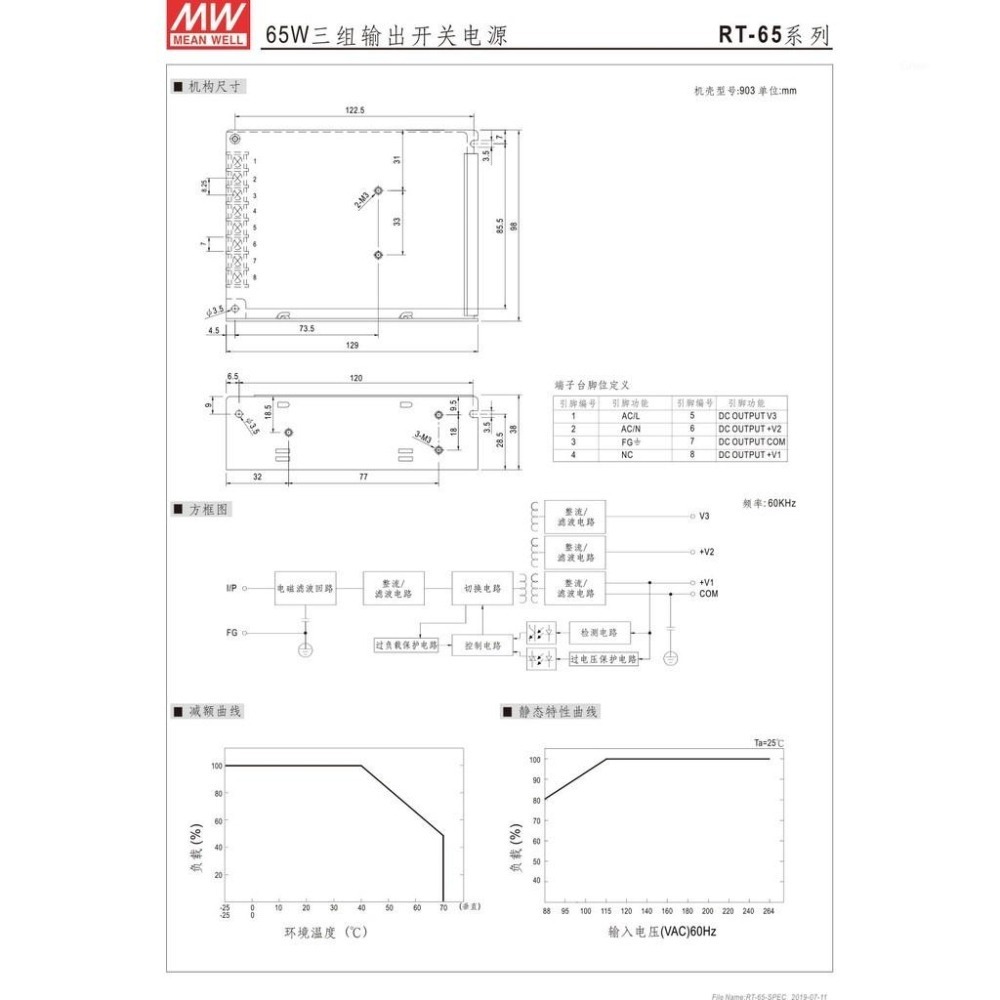 聯騰．MW 明緯 RT-65 系列 三組輸出 開關電源 65W 機殼型 電源供應器 RT-65B RT-65D-細節圖3