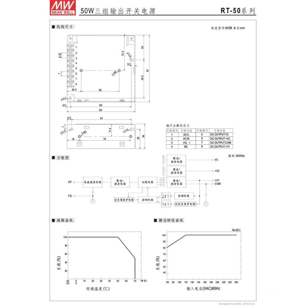 聯騰．MW 明緯 RT-50 系列 三組輸出 開關電源 50W 機殼型 具LED RT-50B RT-50D-細節圖3