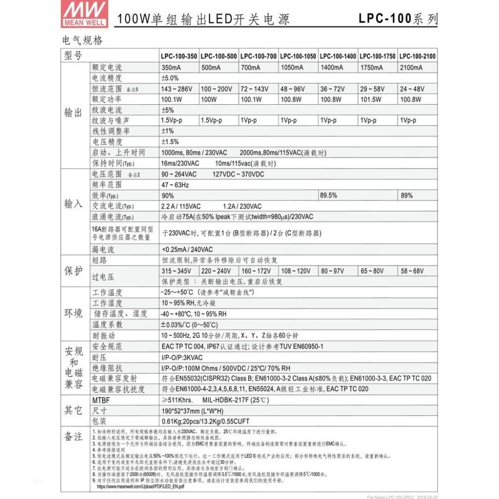 聯騰．明緯 LPC-100-1050 LPC-100-1400 LPC-100-2100 LED 電源 IP67-細節圖3