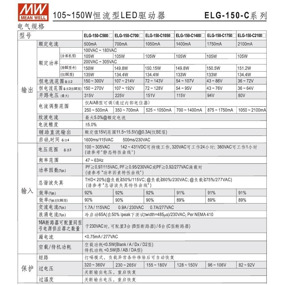 聯騰．明緯 72~143V/1050mA ELG-150-C1050B LED 專用 恆流型 三合一調光 電源-細節圖4