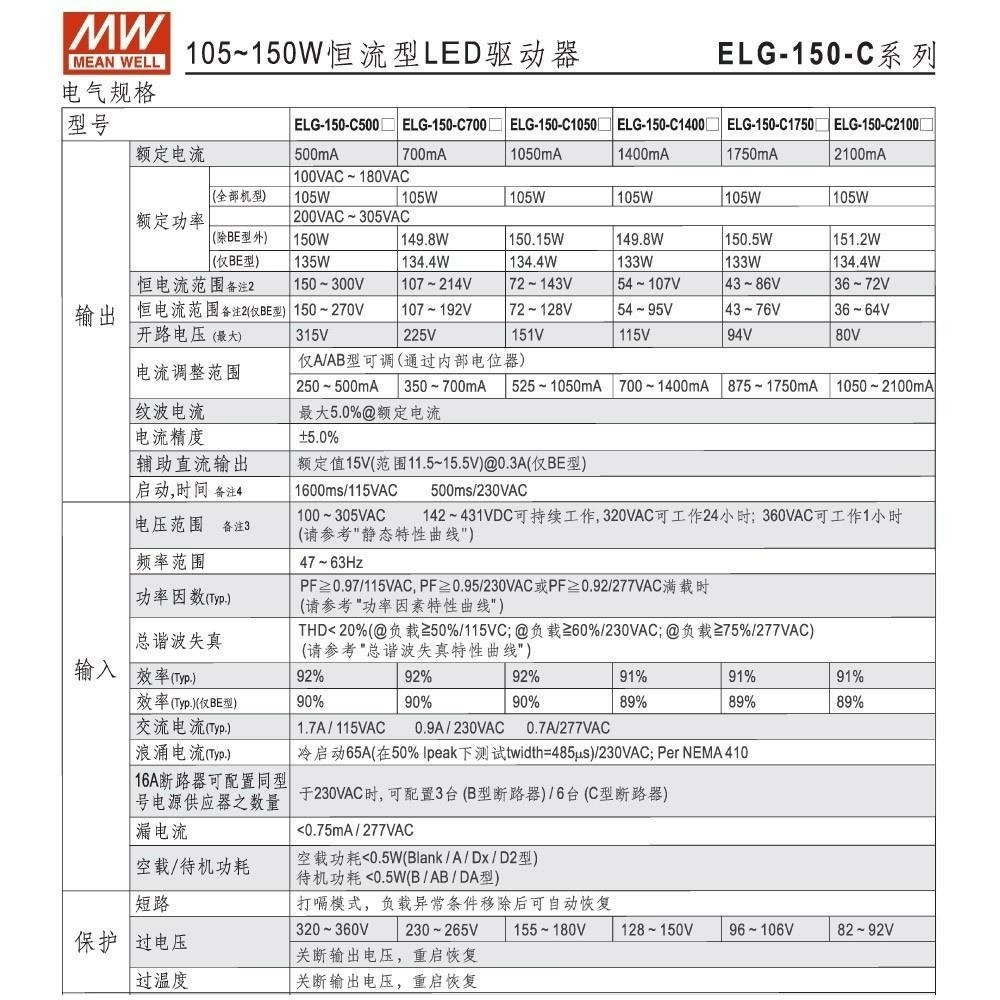聯騰．MW明緯 54~107V/1400mA ELG-150-C1400A LED 照明專用 恆流型 電源供應器-細節圖4