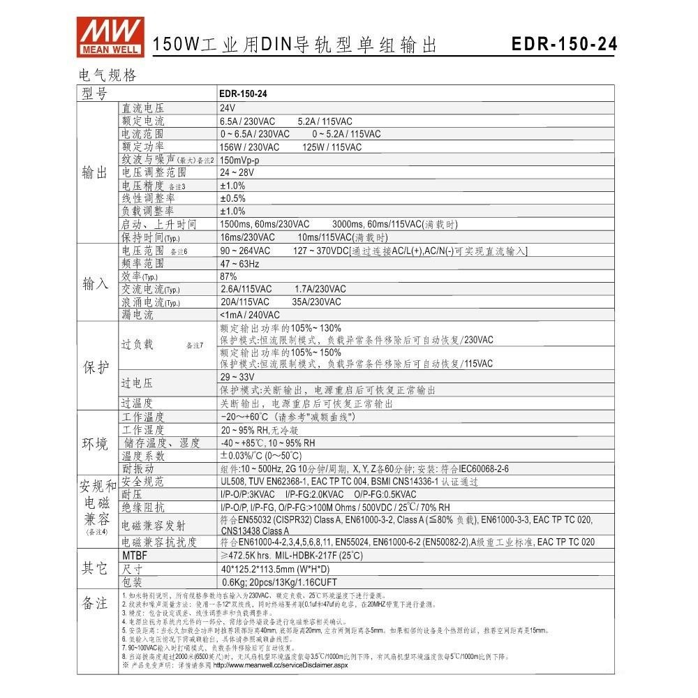 聯騰．MW 明緯 EDR-150-24 24V 軌道式 單組輸出 電源供應器 24V/6.5A/156W-細節圖3