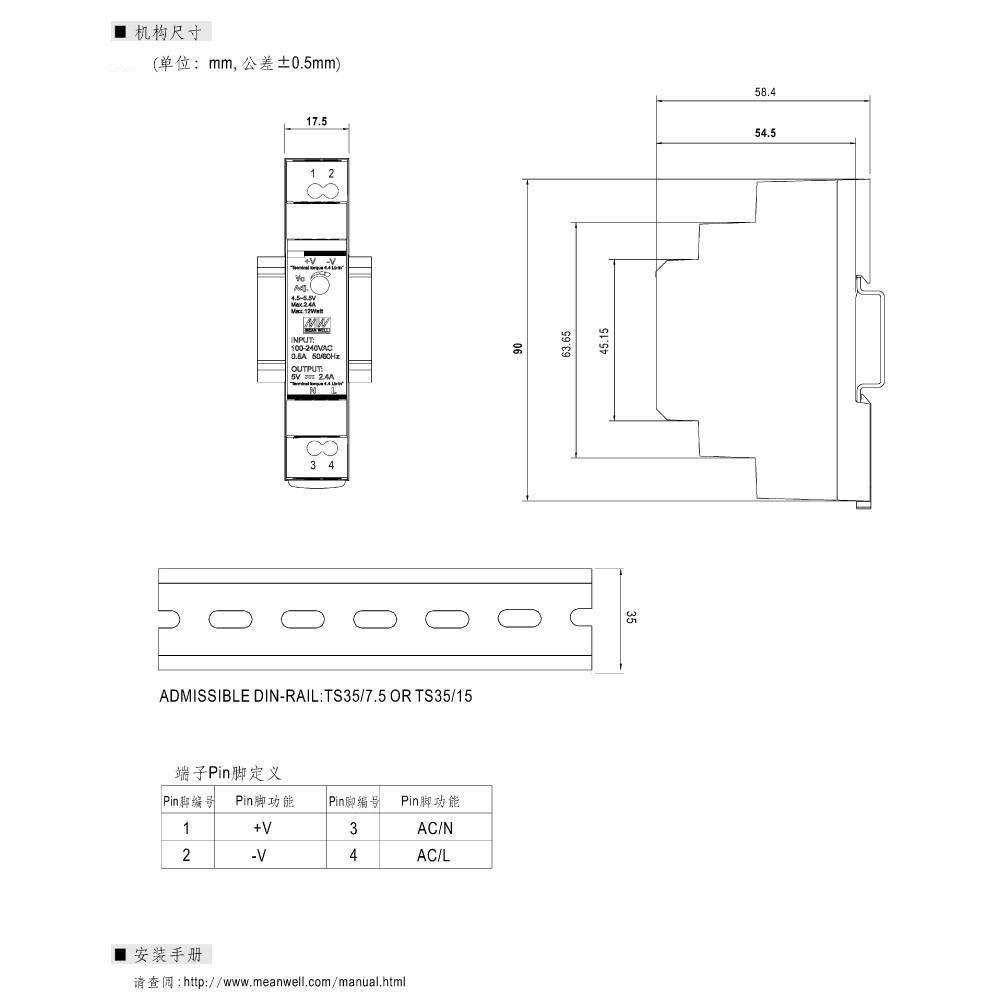 『聯騰．堃喬』MW 明緯 HDR-15 -5/12/15/24/48 軌道式 單組 輸出 電源供應器  Meanwell-細節圖5