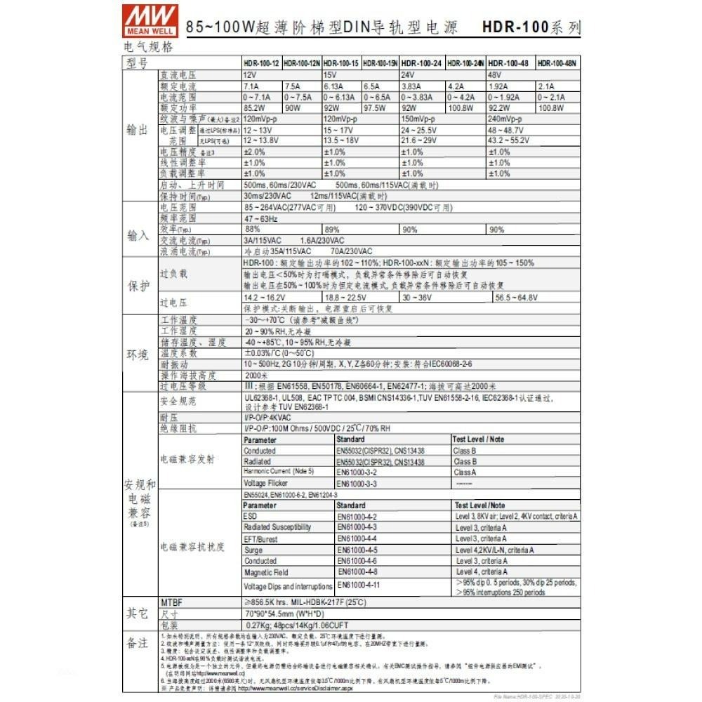 聯騰．MW 明緯 HDR-100 -12/15/24/48 軌道式 單組 輸出 電源供應器  Meanwell-細節圖3