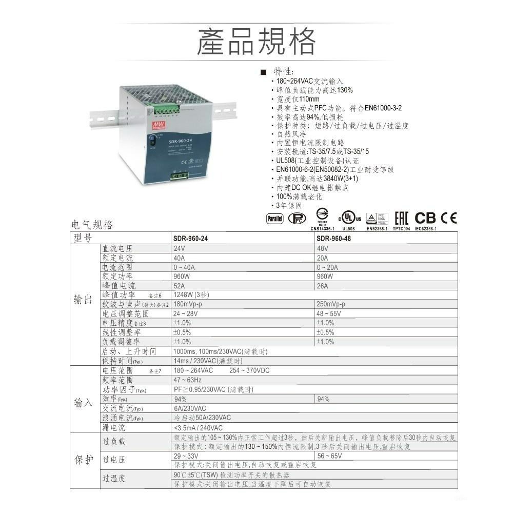 聯騰．MW 明緯 SDR-960 -24/48 軌道式 單組 輸出 電源供應器 【現貨】-細節圖2