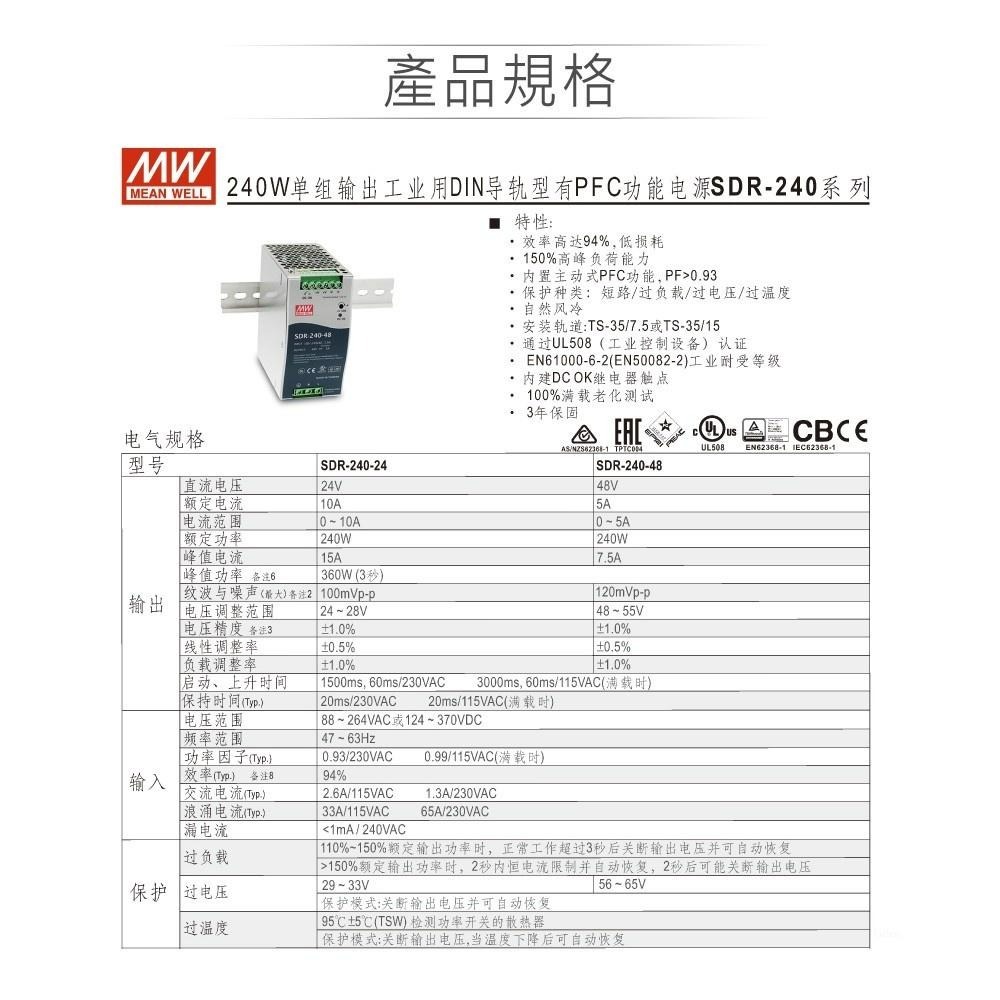 聯騰．MW 明緯 SDR-240 -24/48 軌道式 單組 輸出 電源供應器  Meanwell SDR-細節圖2