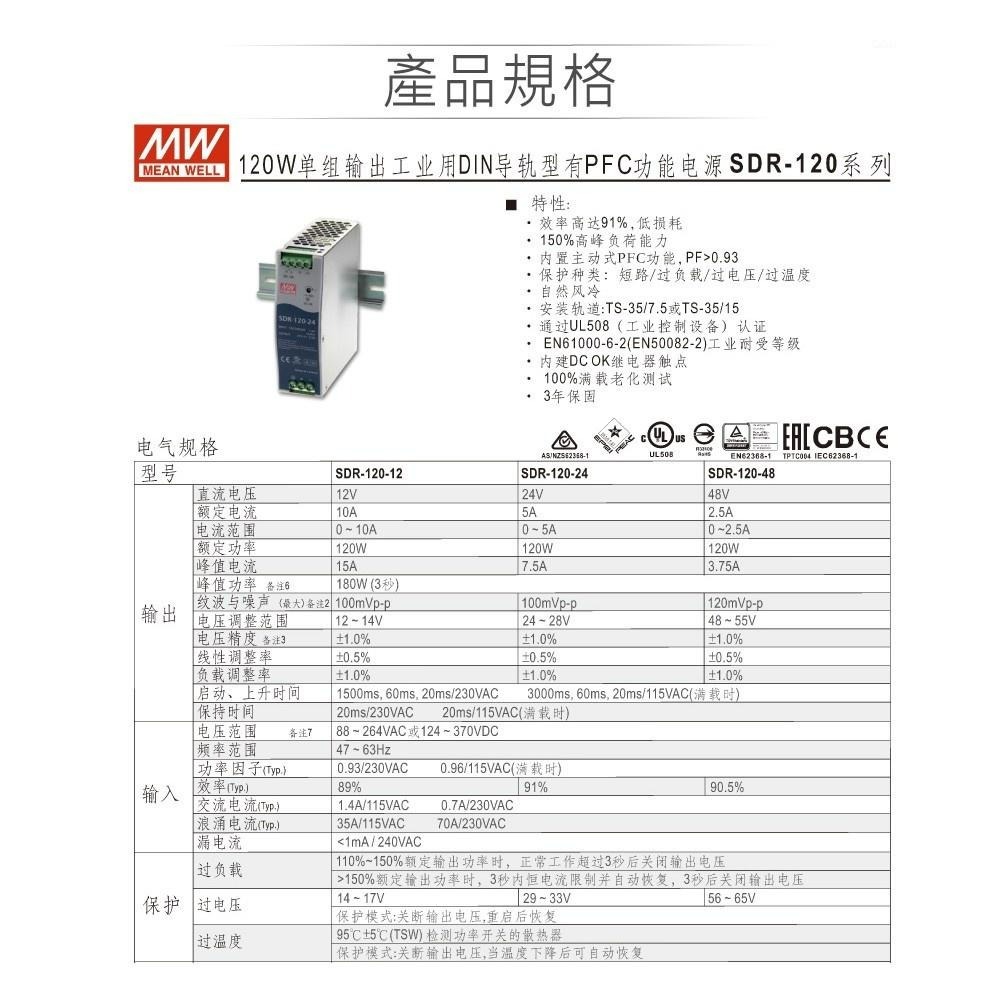 聯騰．MW 明緯 SDR-120 -12/24/48 軌道式 單組 輸出 電源供應器  Meanwell SDR-細節圖2