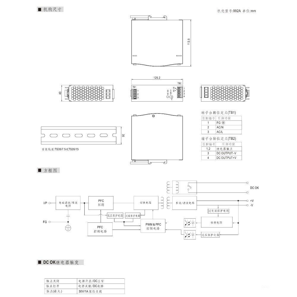 聯騰．MW 明緯 SDR-120 -12/24/48 軌道式 單組 輸出 電源供應器  Meanwell SDR-細節圖4