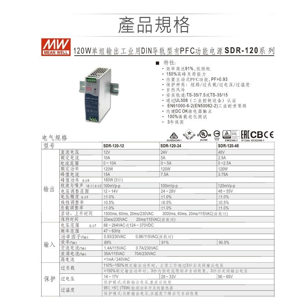 『聯騰．堃喬』MW 明緯 SDR-120 -12/24/48 軌道式 單組 輸出 電源供應器  Meanwell SDR-細節圖2