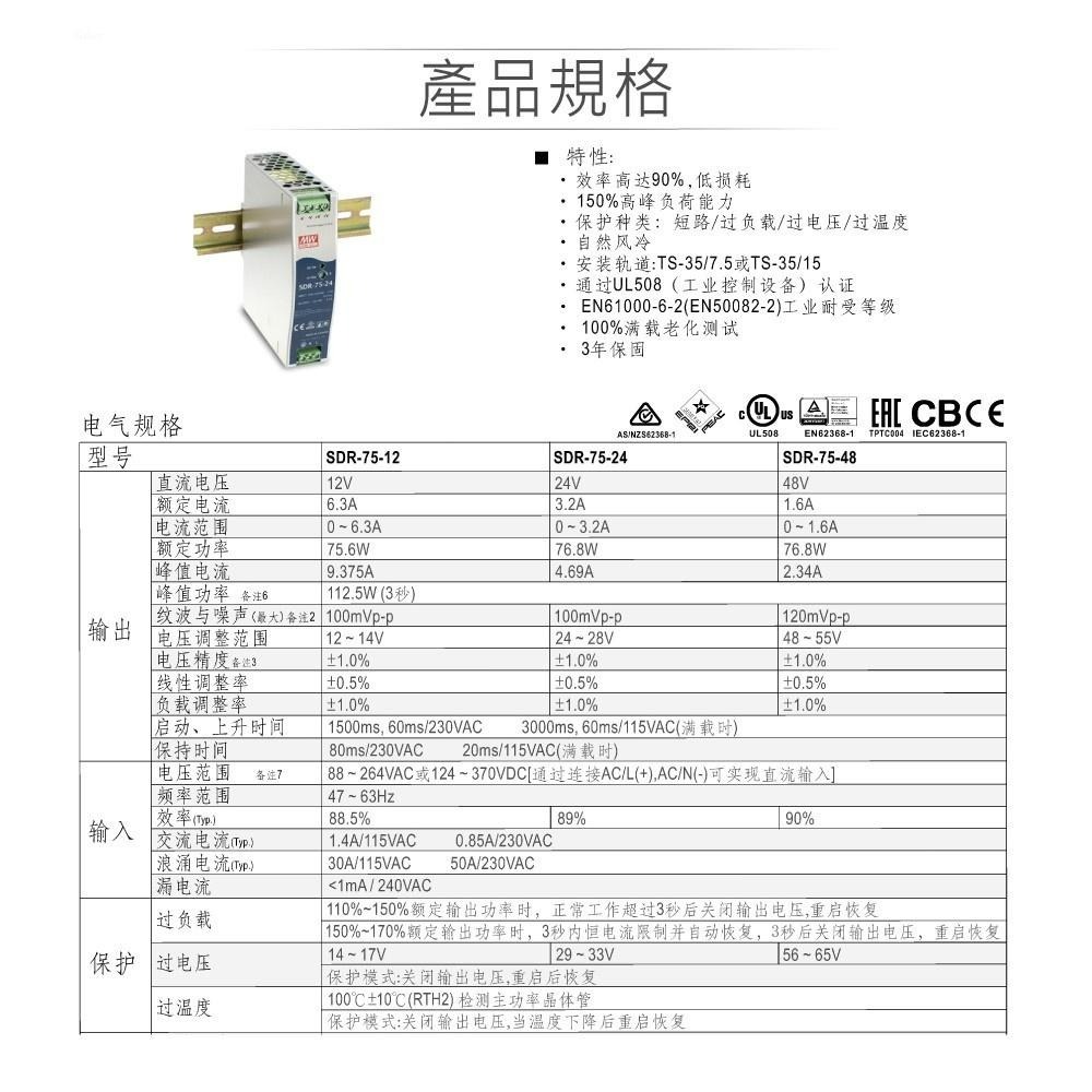 聯騰．MW 明緯 SDR-75 -12/24/48 軌道式 單組 輸出 電源供應器  Meanwell SDR-細節圖2