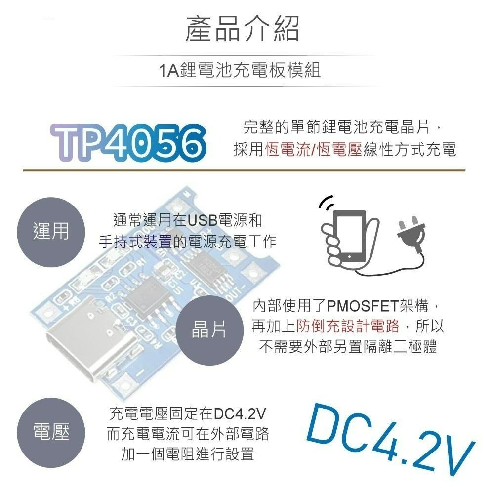 聯騰．TP4056 TYPE-C 鋰電池充電模組｜1A輸出｜3.7V保護板｜USB供電DIY套件-細節圖2