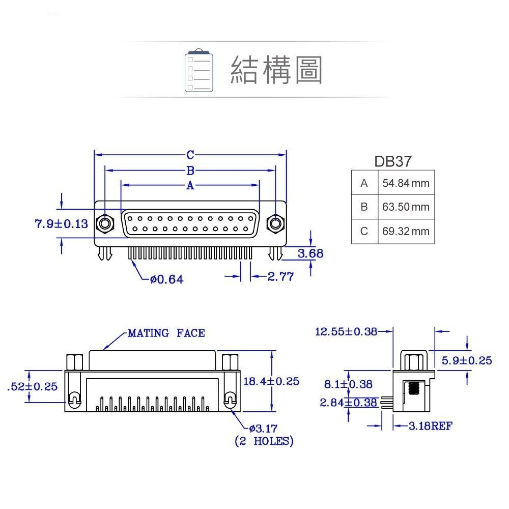 『聯騰．堃喬』DB37 37P D型母座 90° 插板式 + 銅柱 連接器 D型接頭-細節圖3