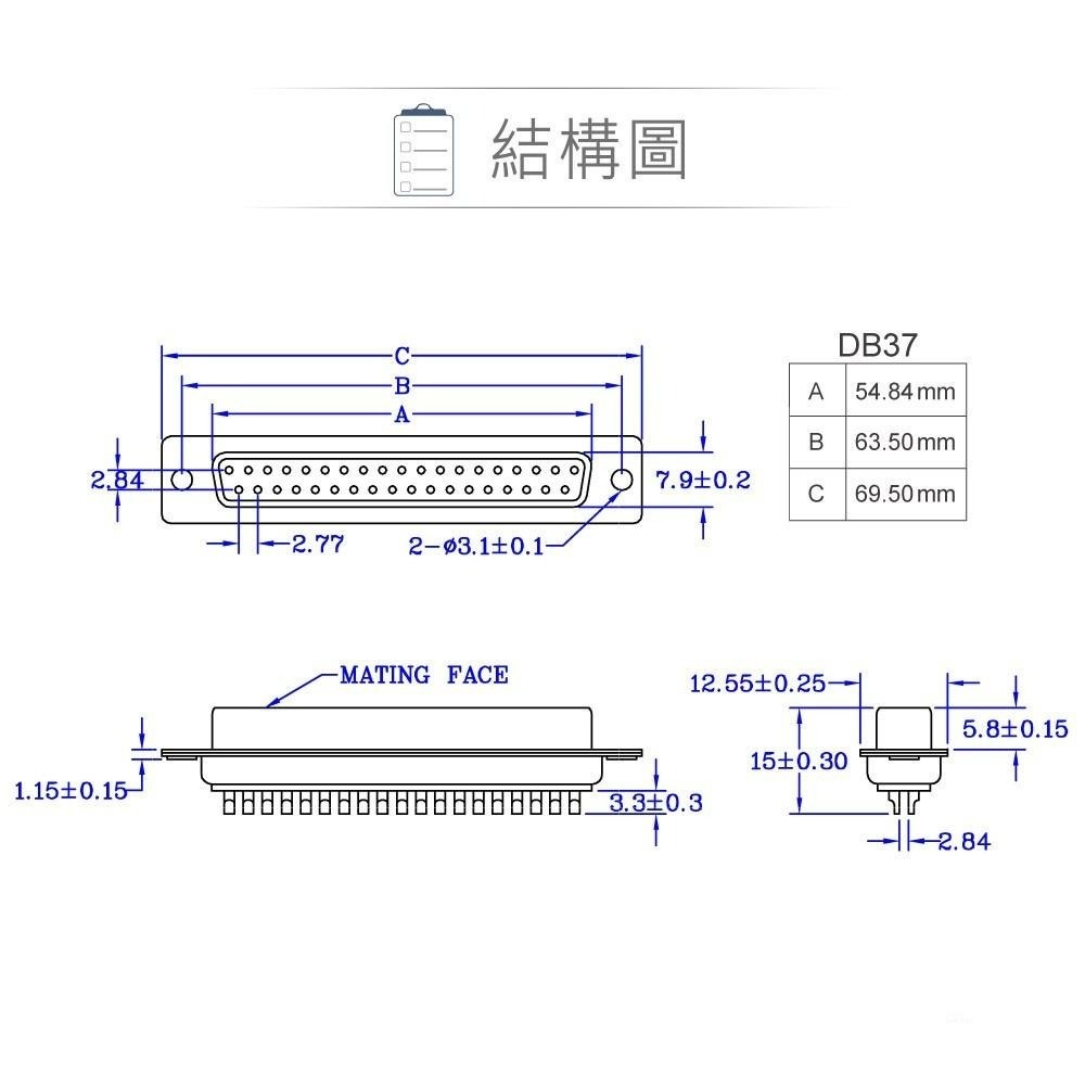 『聯騰．堃喬』DB37 37P D型母接頭 焊線式 連接器 D型接頭-細節圖3