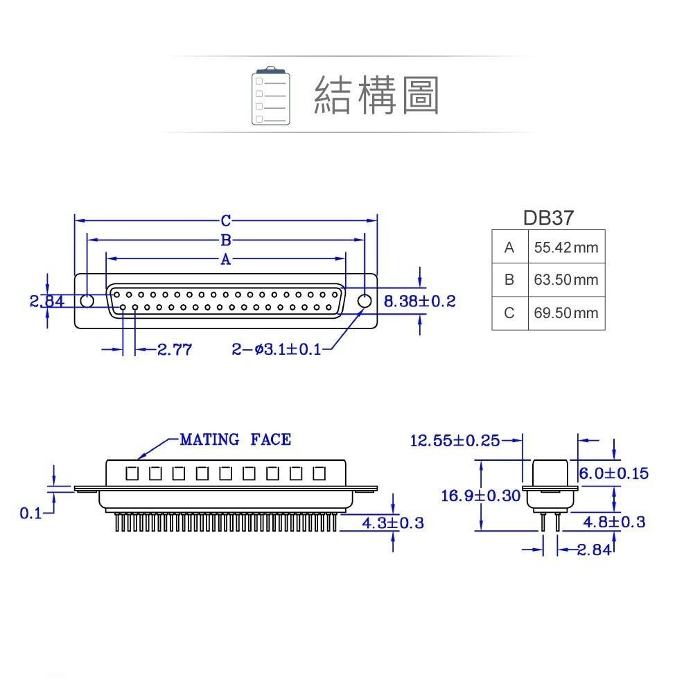 『聯騰．堃喬』DB37 37P D型公座 直插式 連接器 D型接頭-細節圖3