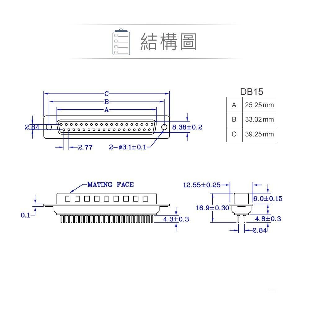 『聯騰．堃喬』DB15 15P D型公座 二排 直插式 連接器 D型接頭-細節圖3