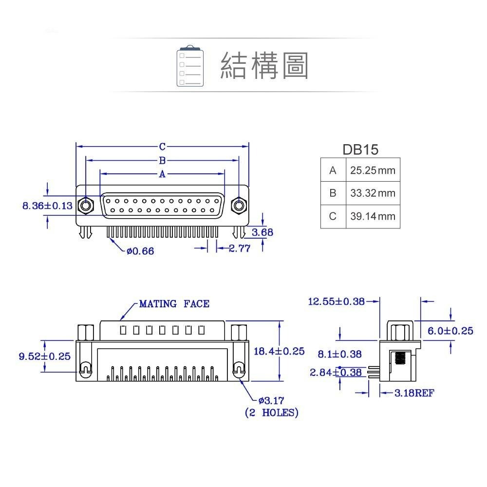 『聯騰．堃喬』DB15 15P D型公座 二排 90° 插板式 + 銅柱 連接器 D型接頭-細節圖3