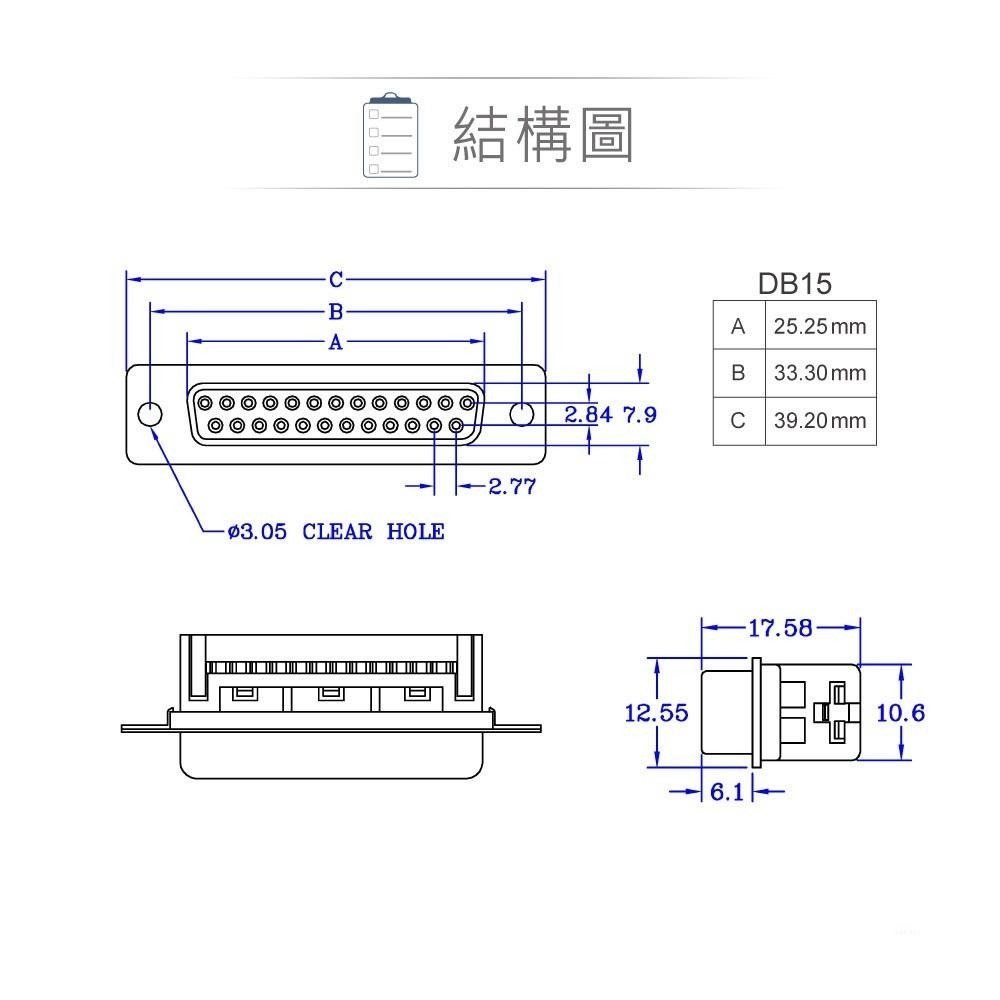 『聯騰．堃喬』DB15 15P D型 公接頭 二排 壓排式 連接器 D型接頭-細節圖3