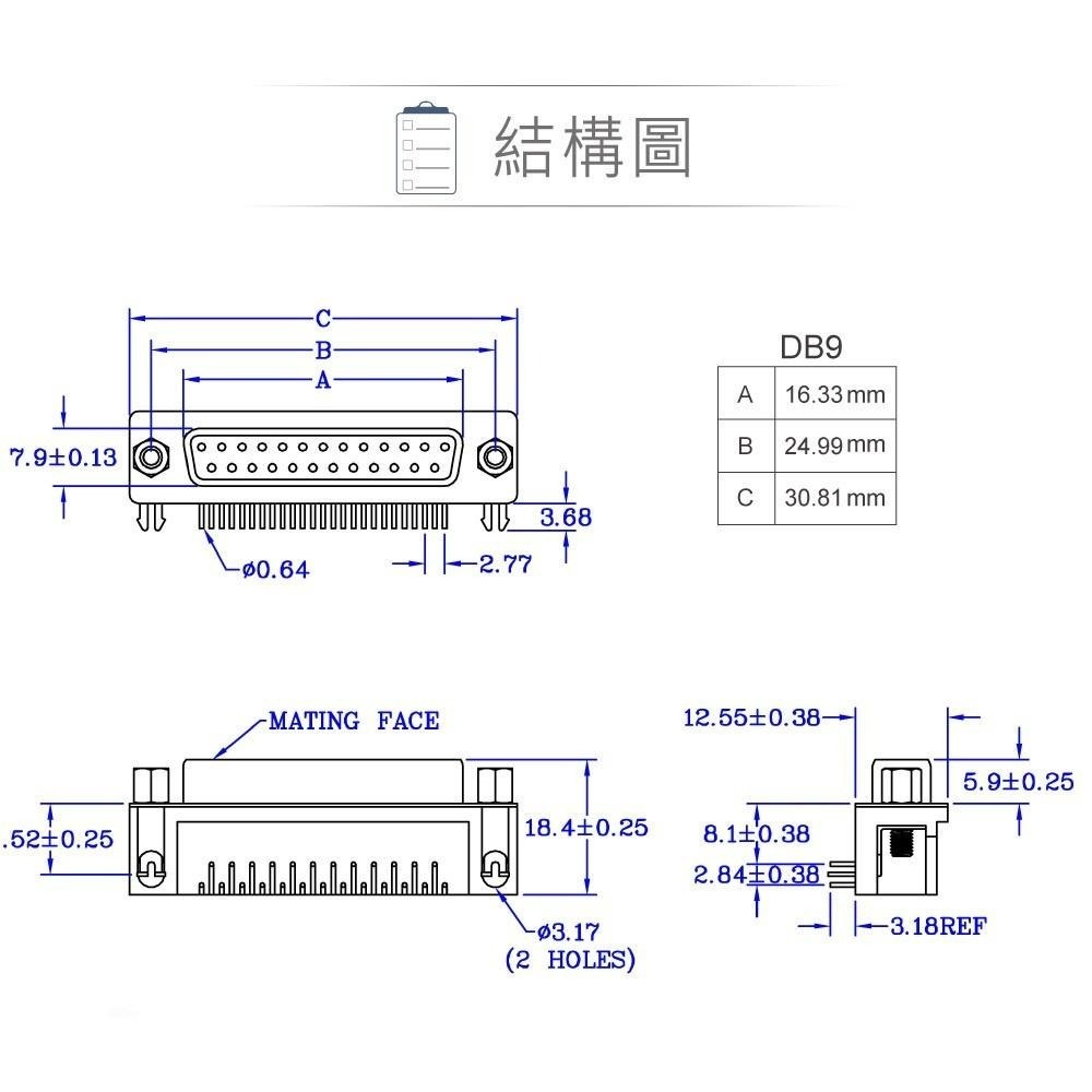 『聯騰．堃喬』DB9 9P D型母座 90° 插板式 + 銅柱 連接器 D型接頭-細節圖3