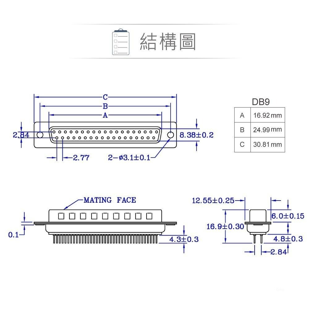 聯騰．DB9 9P D型公座 直插式 D型接頭 連接器-細節圖3