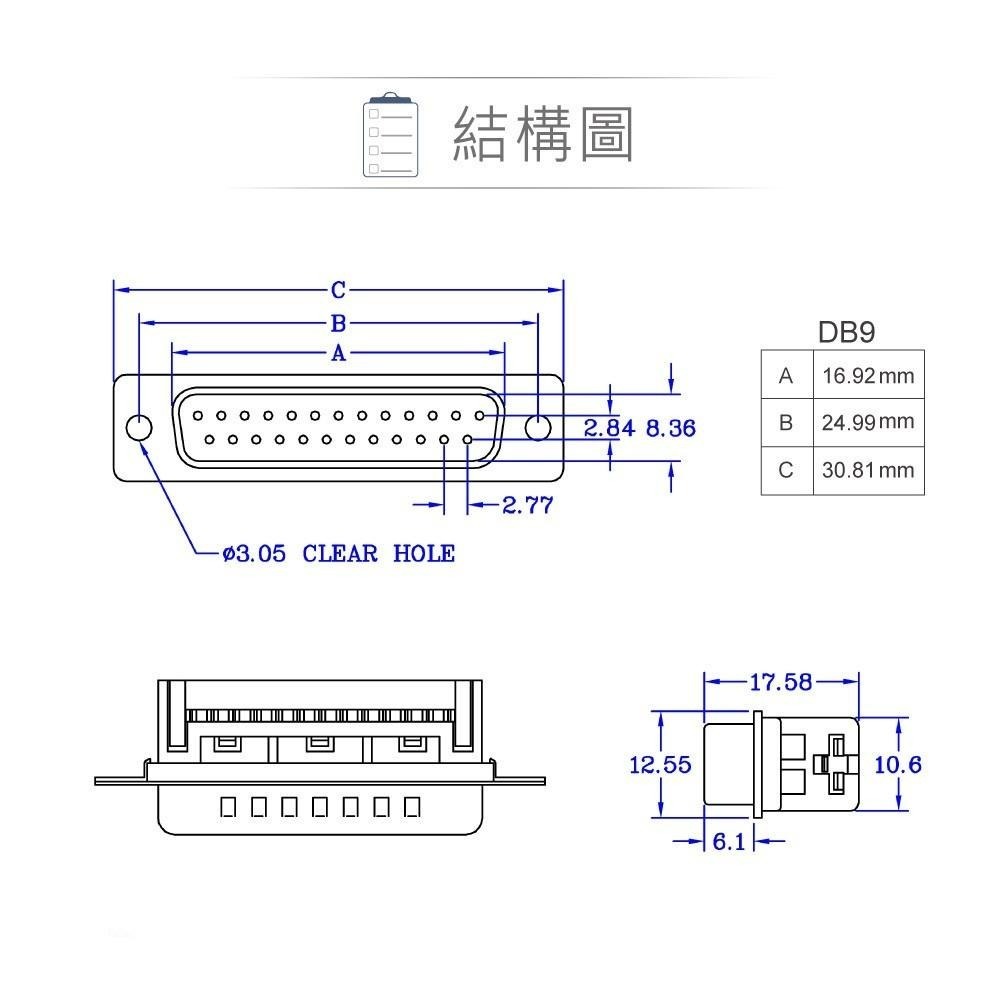 『聯騰．堃喬』DB9 9P D型公接頭 壓排式 D型接頭 連接器-細節圖3