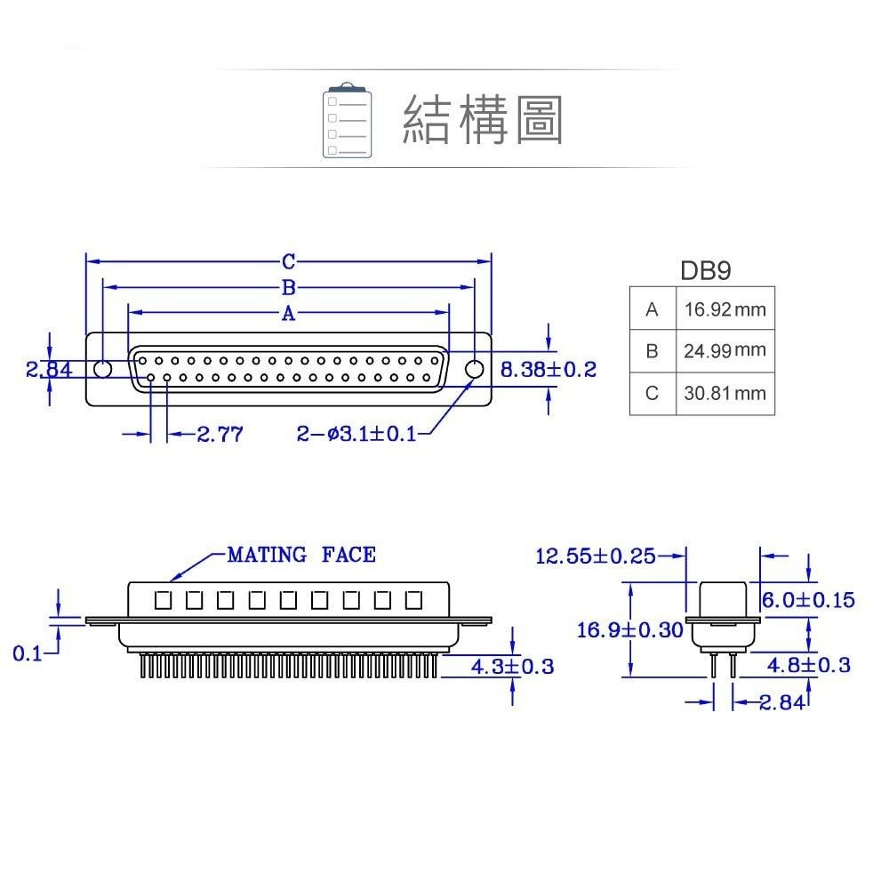 『聯騰．堃喬』DB9 9P D型公座 直插式 + 魚叉固定 + 銅柱 D型接頭 連接器-細節圖3