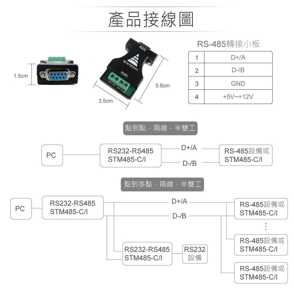 聯騰．SINTECHI STM485B RS-232 ↔ RS-485 轉接器｜2線半雙工・點對點／多點傳輸・免外接電源-細節圖3
