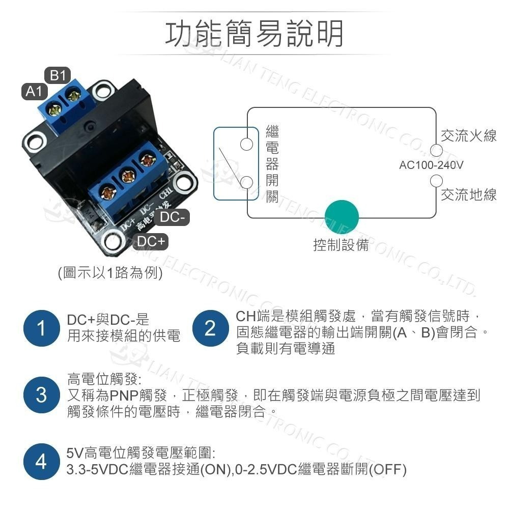 聯騰．1路 5V 高電平固態繼電器模組｜SSR交流控制｜DC觸發240VAC/2A｜嵌入式/教學/IoT應用-細節圖4