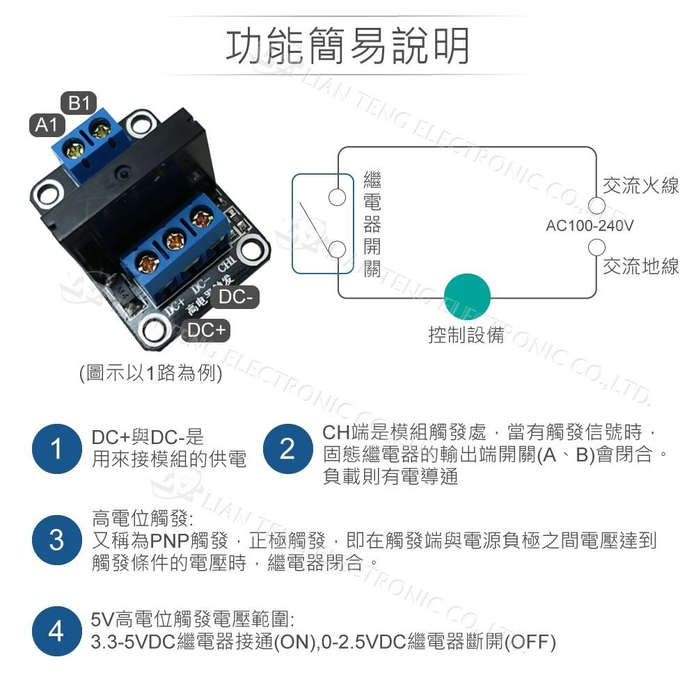 『聯騰．堃喬』1路5V 交流 固態 繼電器 模組 高電位觸發 負載 開關 控制器-細節圖4