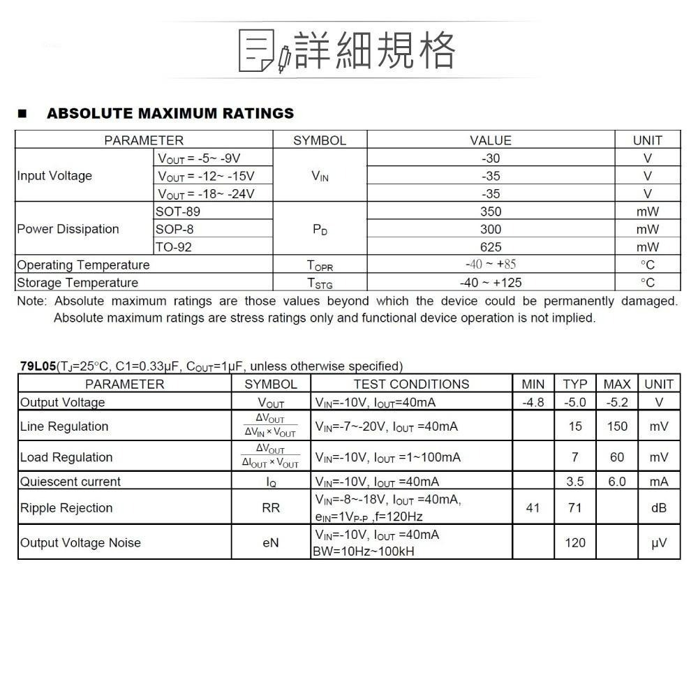 聯騰．UTC 79L05L-T92 TO-92｜DC-5V/0.1A 穩壓IC｜低功耗・穩定輸出・電子電路適用-細節圖2