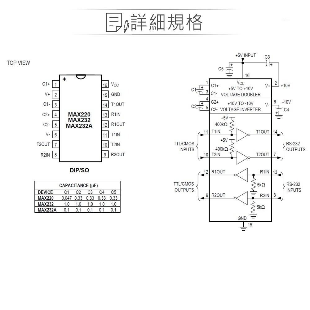 聯騰．MAXIM MAX232CPE+ RS-232驅動接收器｜PDIP-16｜+5V供電・多通道串列通訊IC-細節圖2