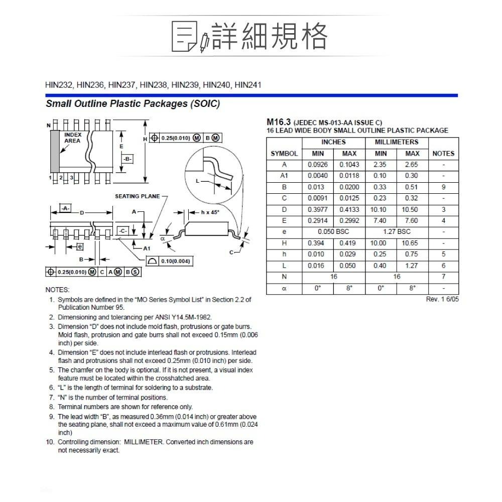 『聯騰．堃喬』RENESAS HIN232CBZ SOP16 +5V Powered RS-232-細節圖2